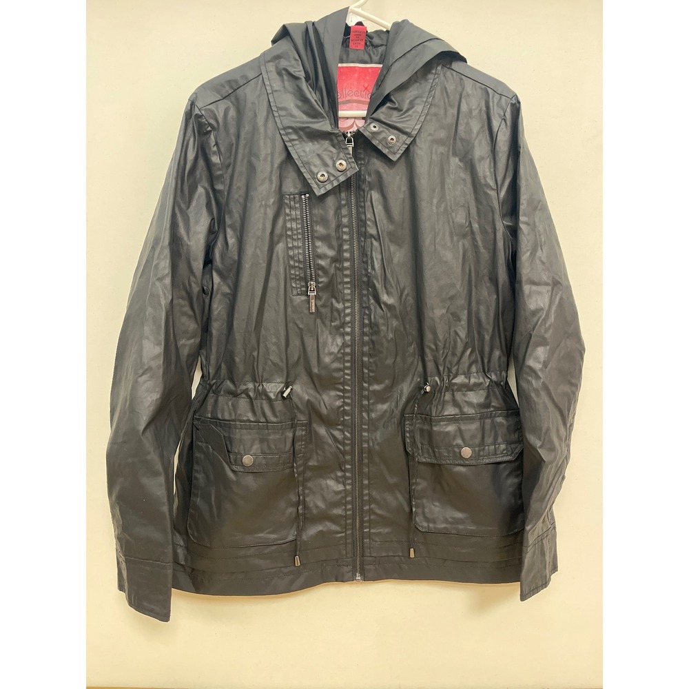 Bernardo B Collection Black Hooded Utility Jacket Coated Rain Coat Womens XL